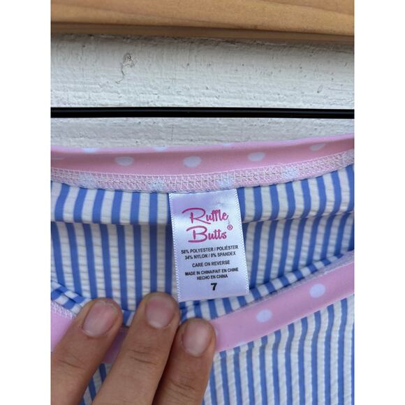Ruffle Butts Seersucker Rash Guard, Pink Ruffle, Swim, Beach, Size 7 - Picture 4 of 4